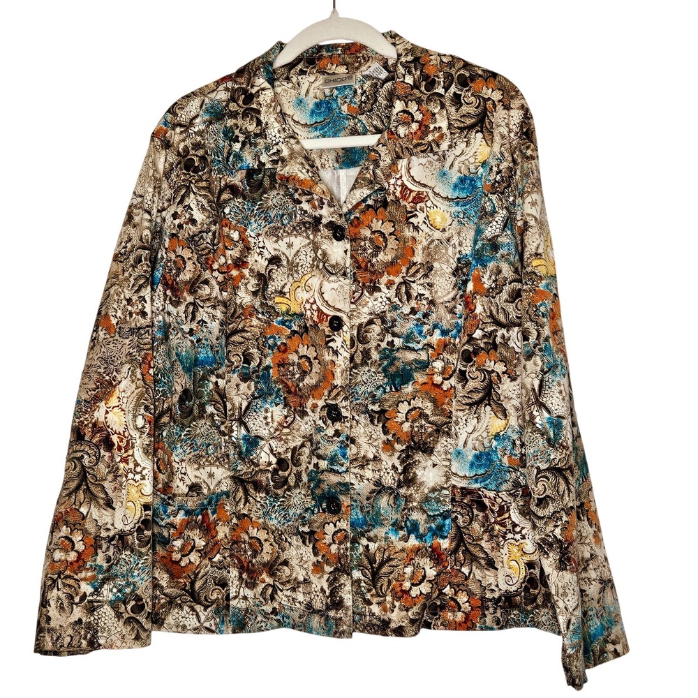 Chicos Womens Floral Button-Up Jacket Size‎ 3 (L) Multicolor Paisley Lightweight